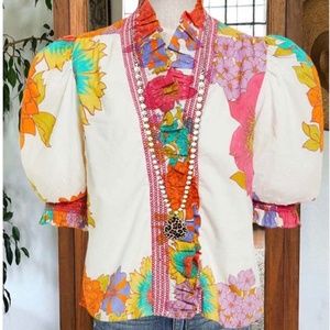 Smocked Ruffled V-neck Jacquard Top